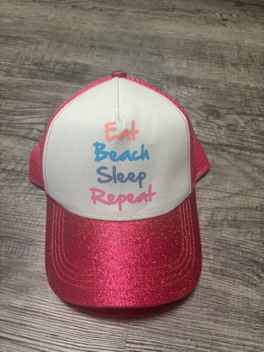 Women’s Pink Glitter 'Eat Beach Sleep Repeat' Trucker Hat